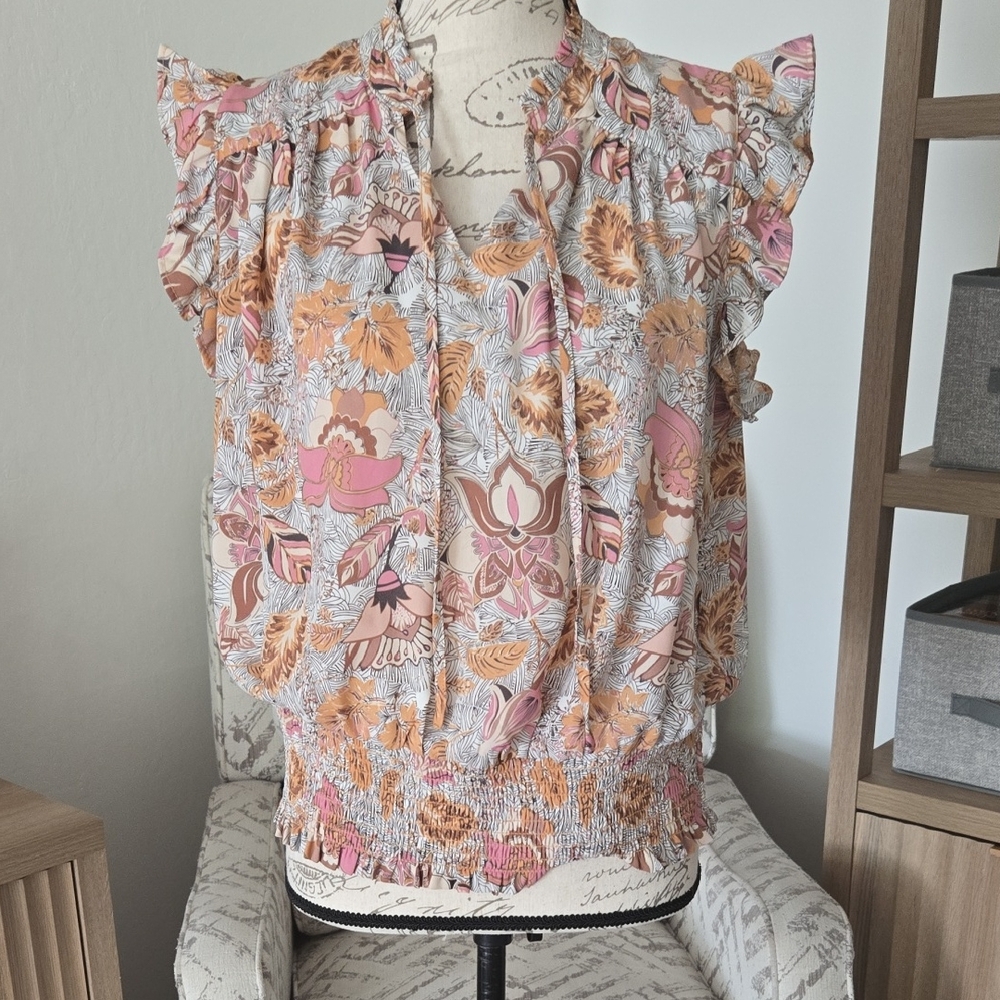 Rachel Zoe Pink & Tan Floral Smocked Blouse with Ruffle Cap Sleeves